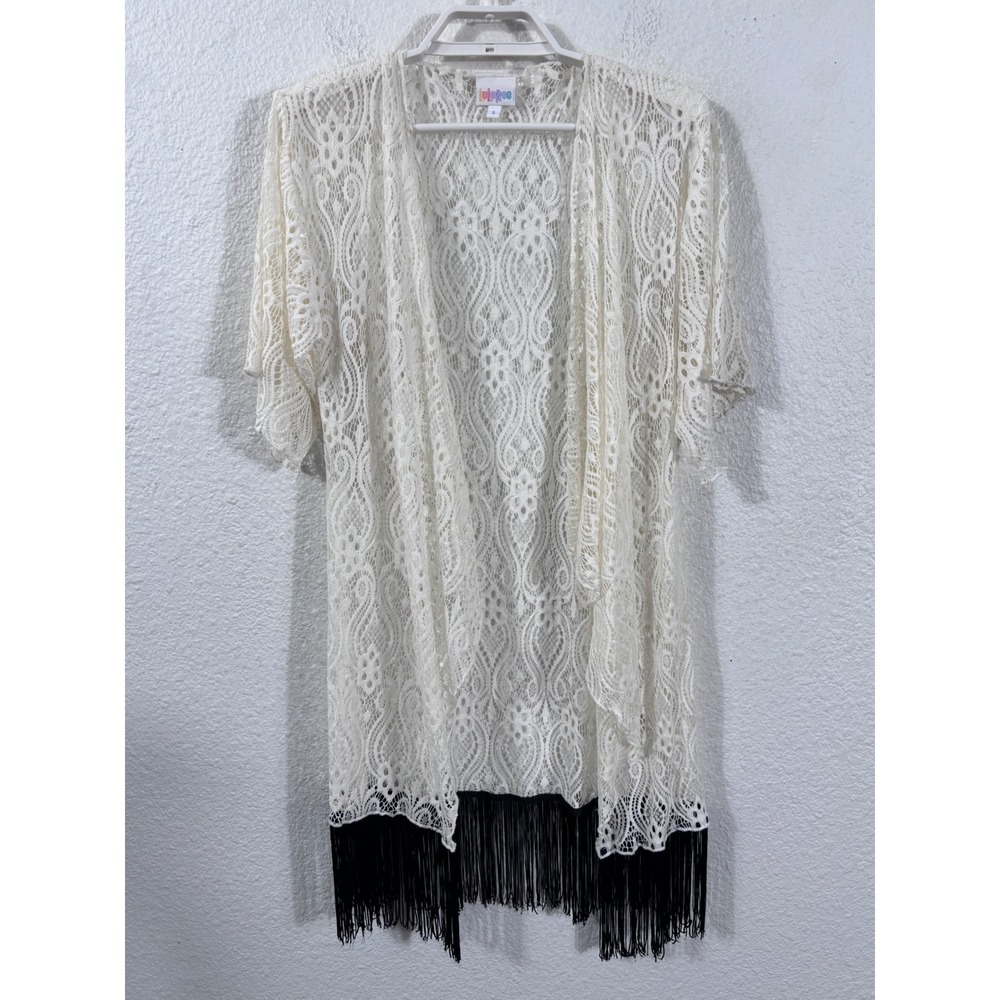 LuLaRoe‎ Kimono Women Small White Lace Black Fringe Open Front Monroe Cardigan